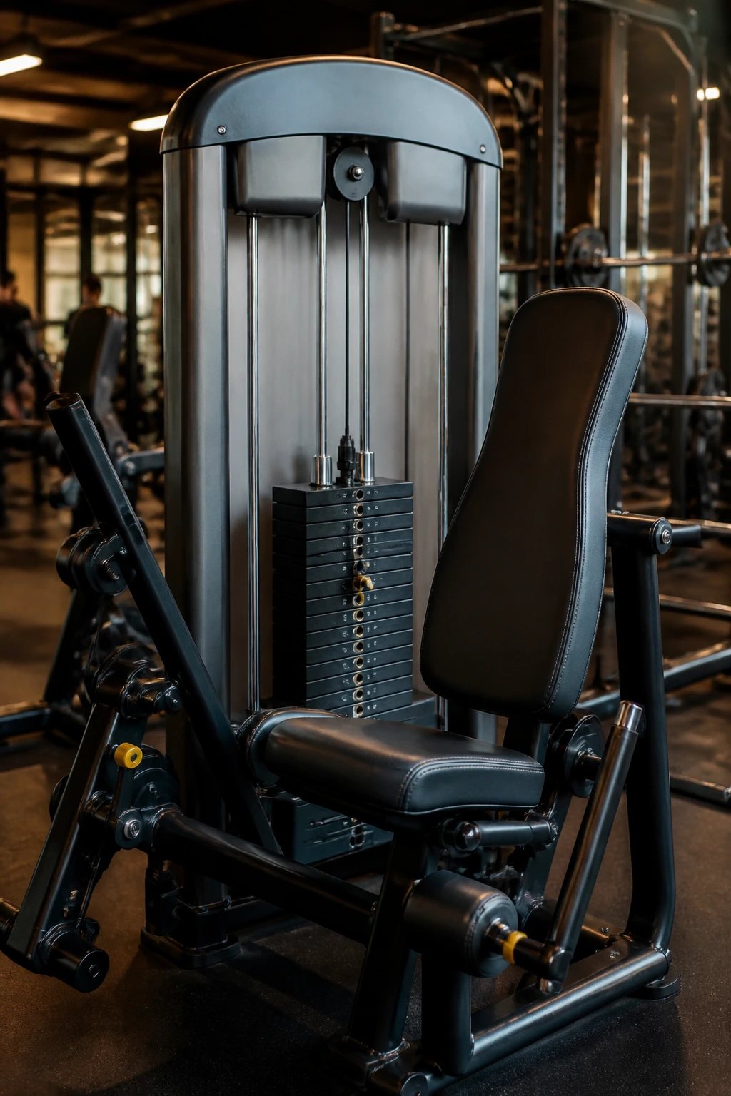Close-up of a weight-stack gym machine dominating the frame