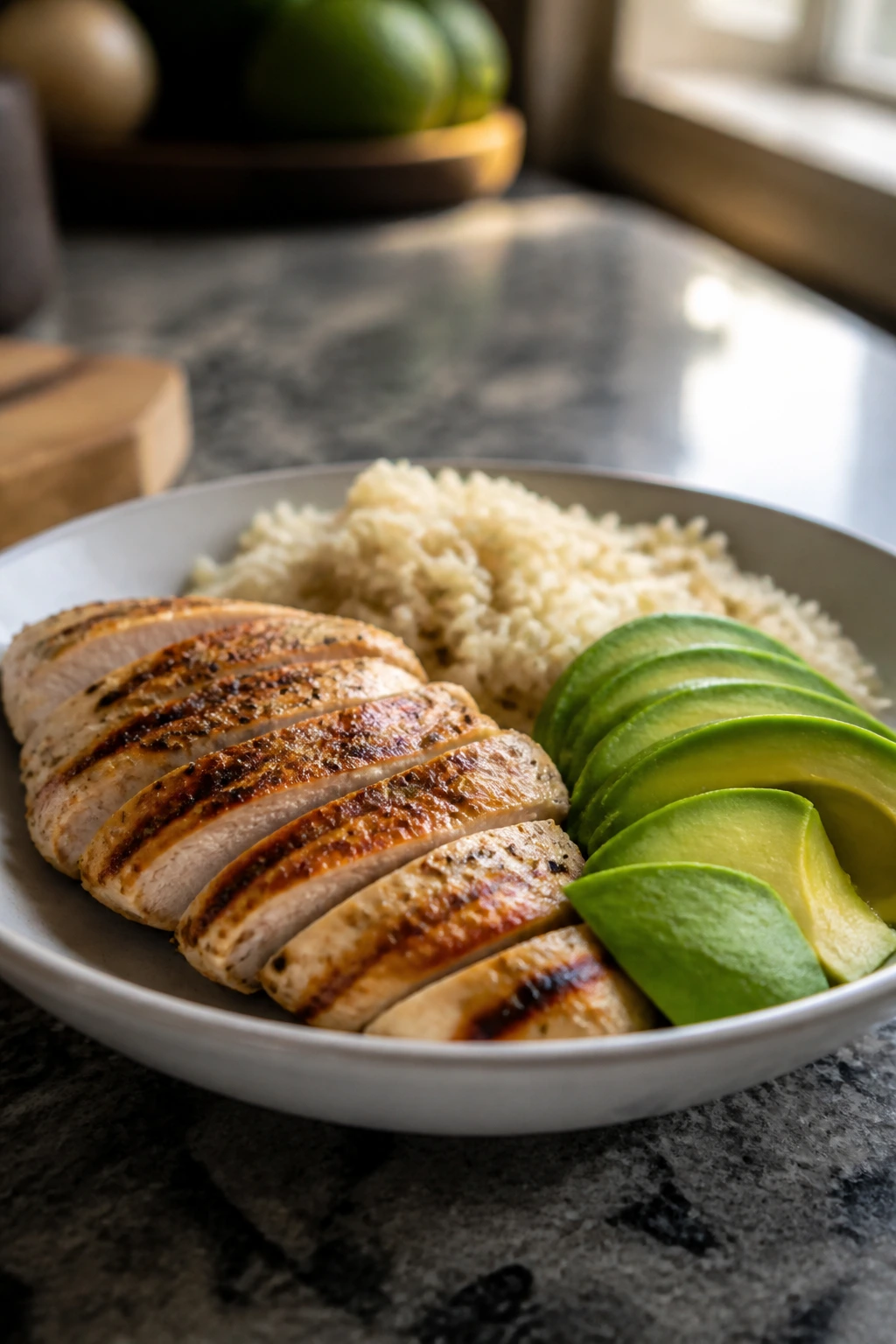 Balanced macro plate with chicken rice and avocado showing protein carbs fats