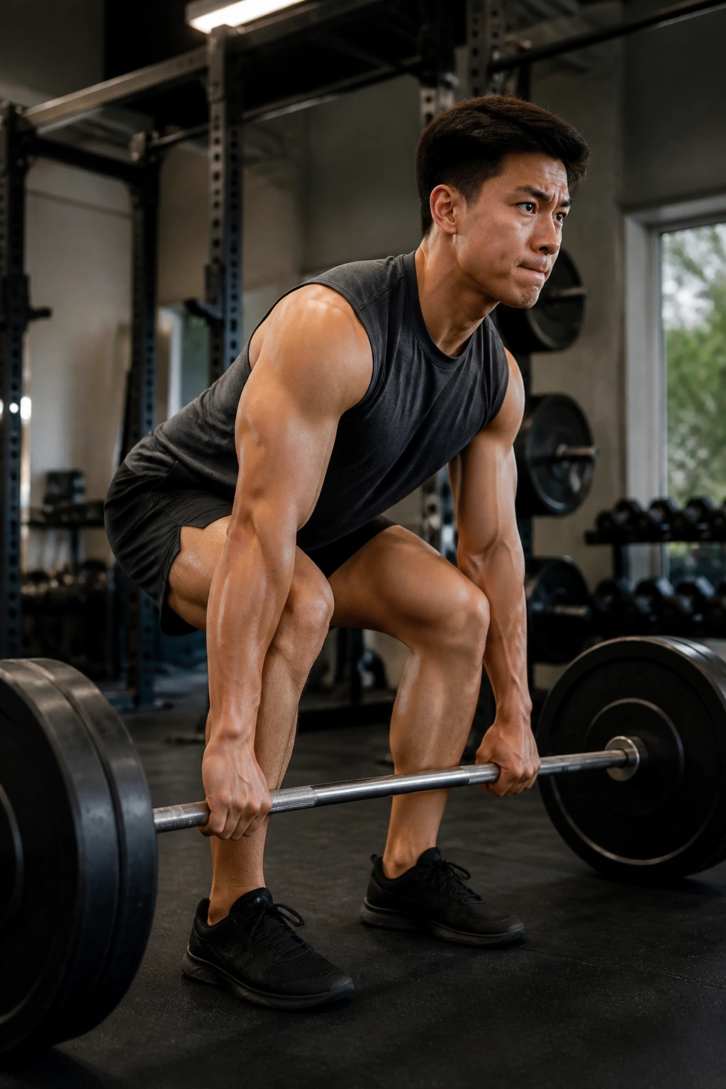 Medium close-up of person performing main lift in organized gym space