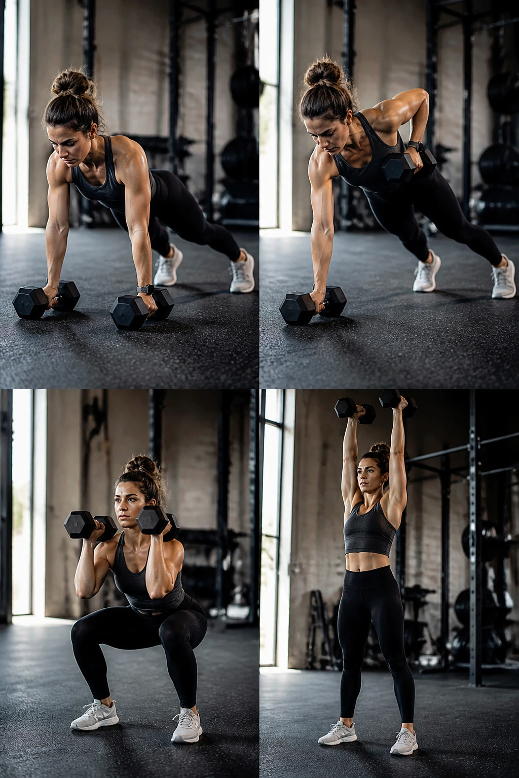 Athlete performing the man-maker dumbbell complex in gym