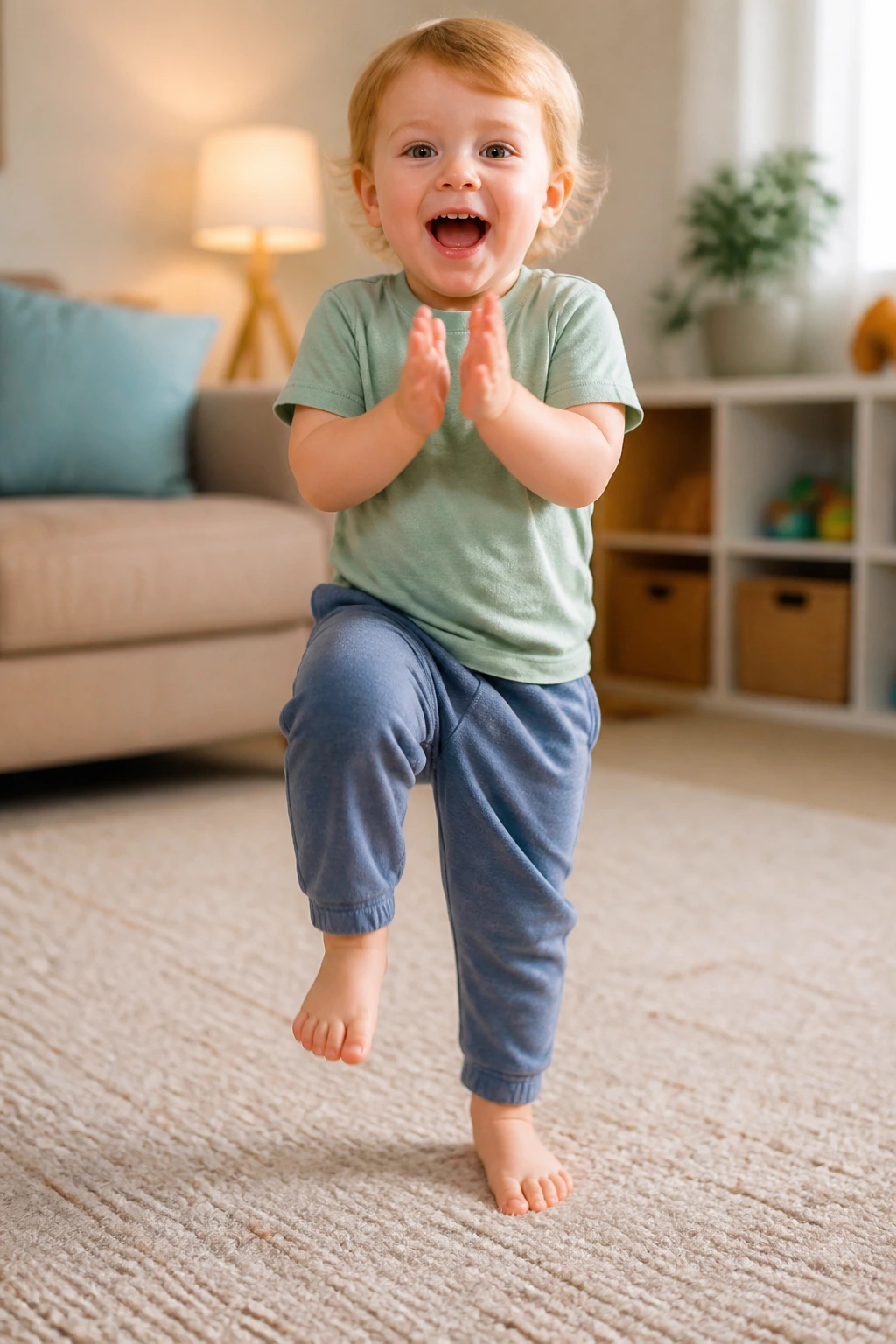 Toddler marching and clapping in a cozy living room, front view