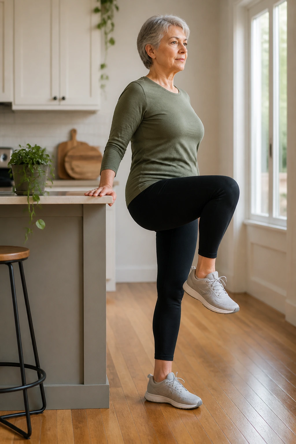 Older adult performing march-and-hold drill at home