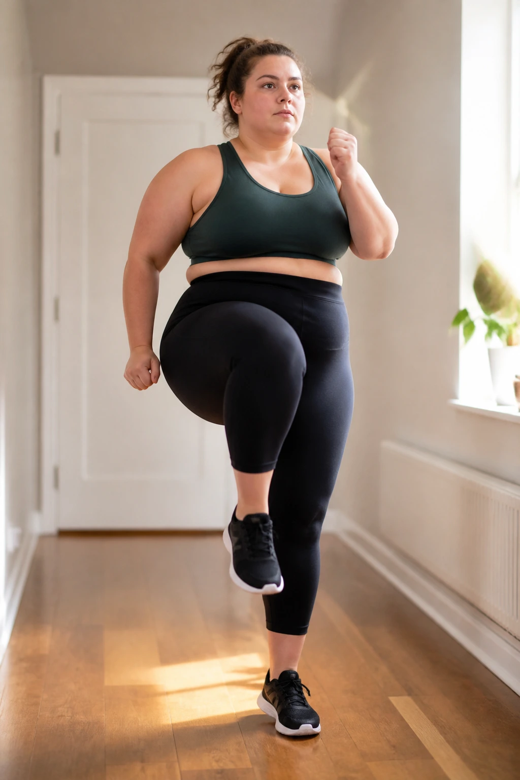 Person marching in place in a home hallway for cardio intervals.