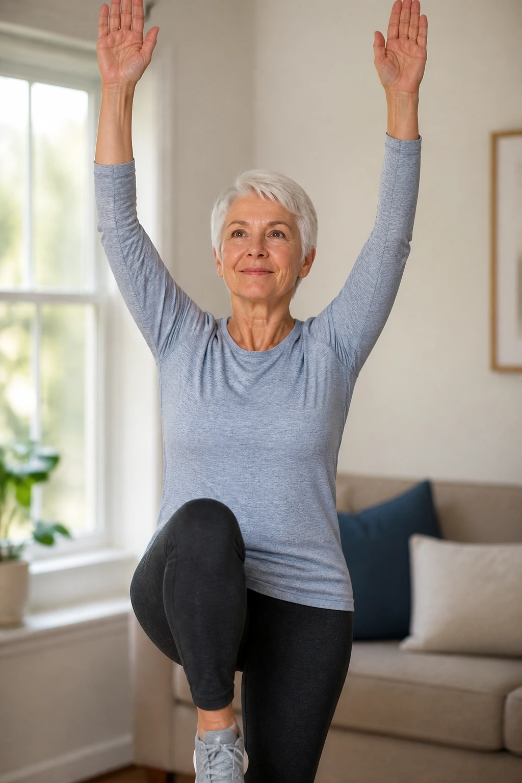 Older adult marching in place with arms overhead in a sunlit living room