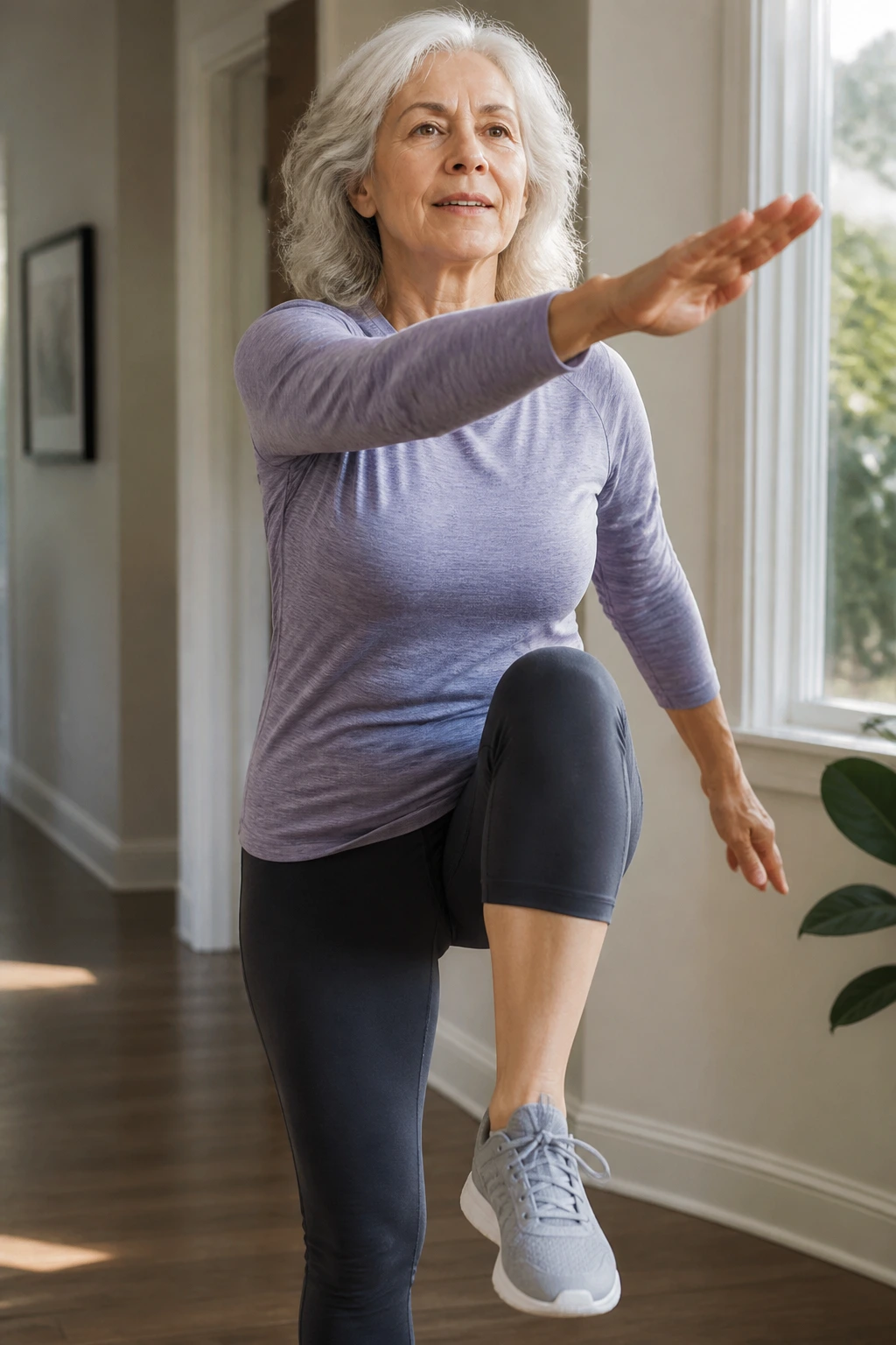 Senior performing march-and-reach cardio drill at home