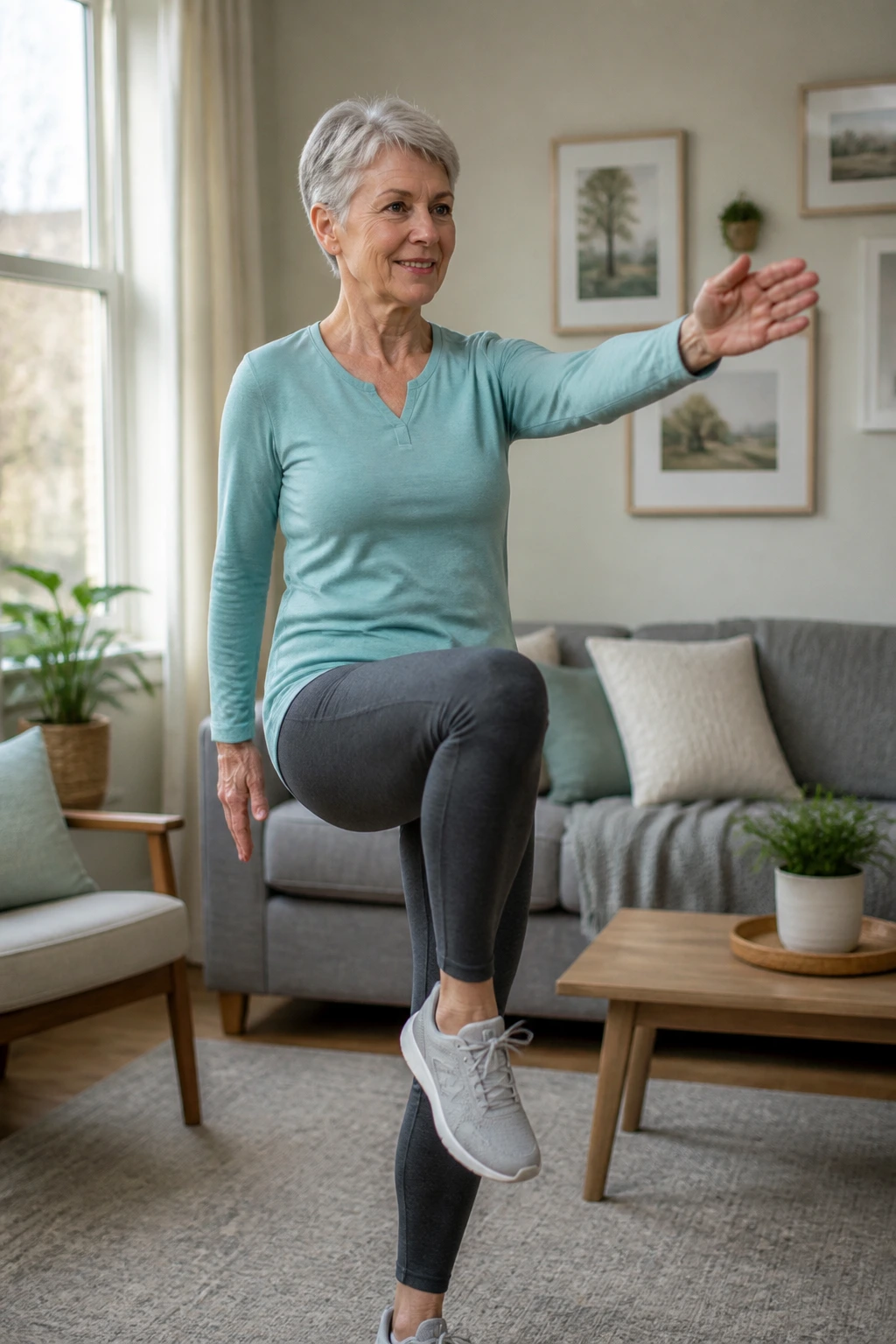 Real person performing march-and-reach in living room coordinating knee lift with arm reach