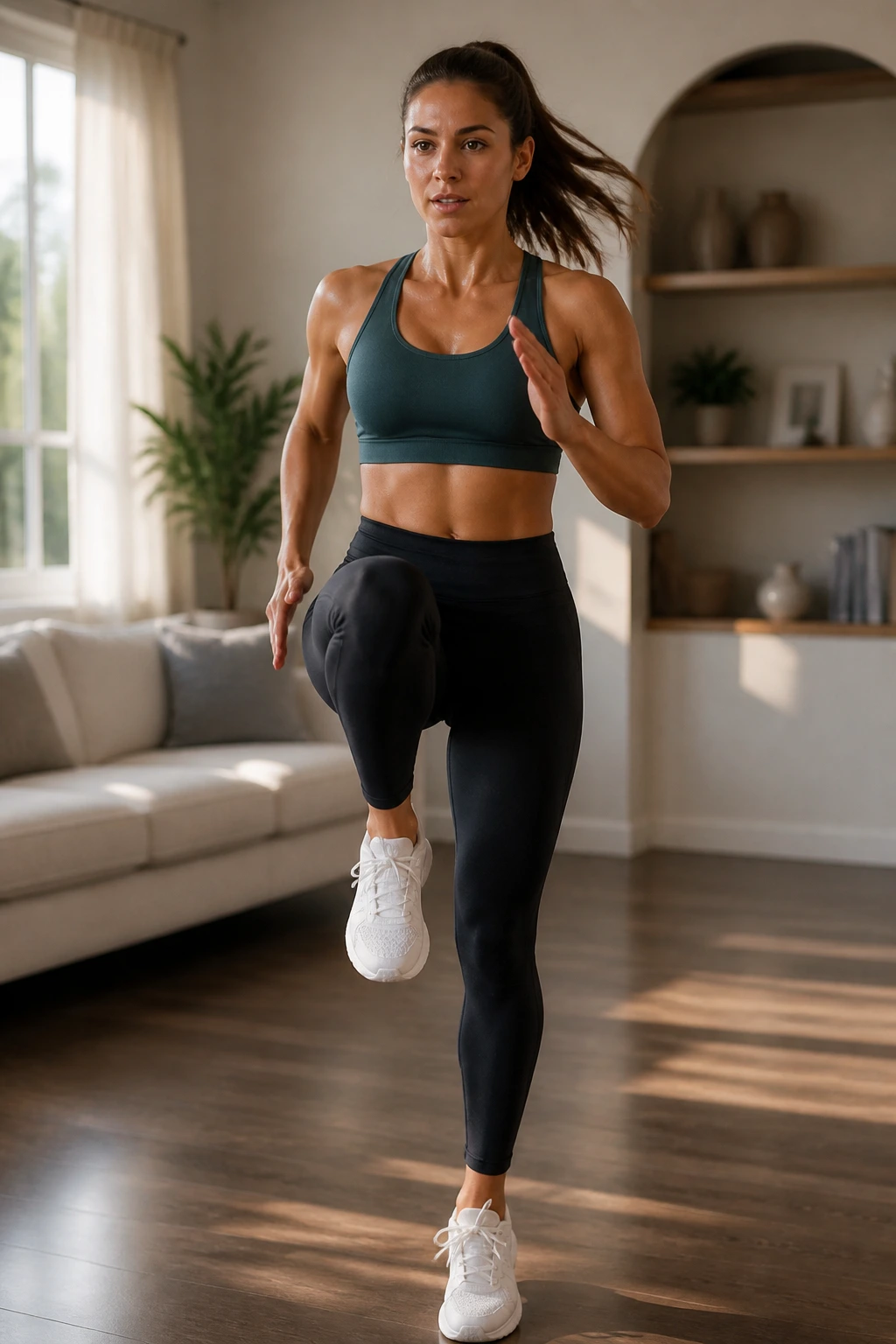 Medium-close shot of a person performing march-run cardio in a bright living room
