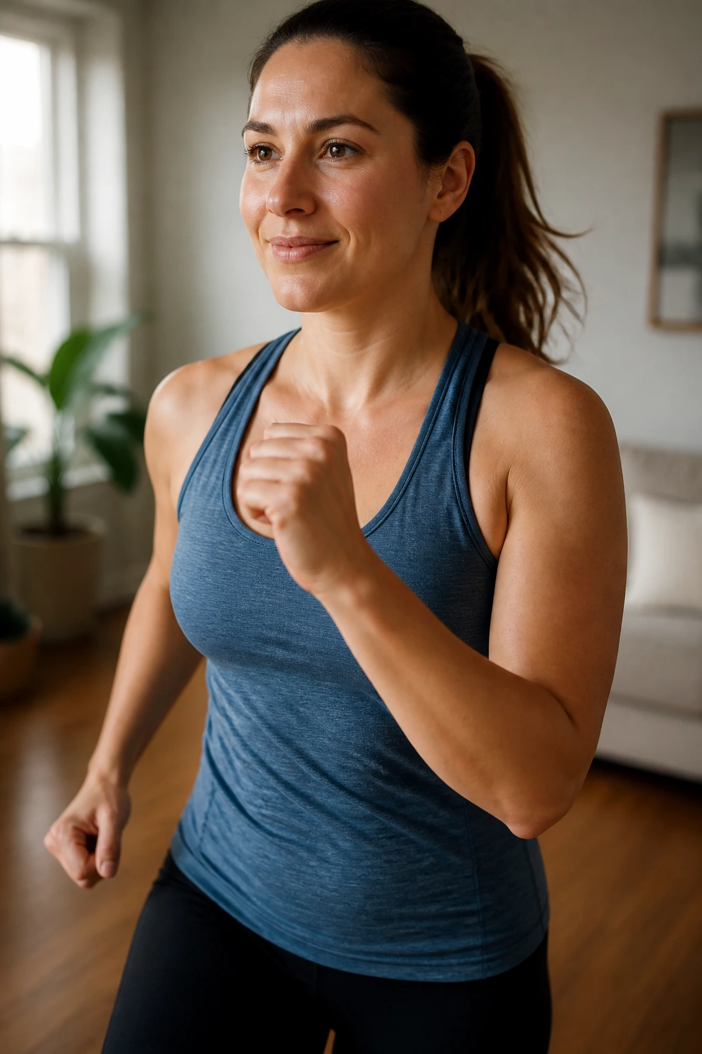 Close-up of a real woman performing March-and-Swing Warm-Up in a home setting