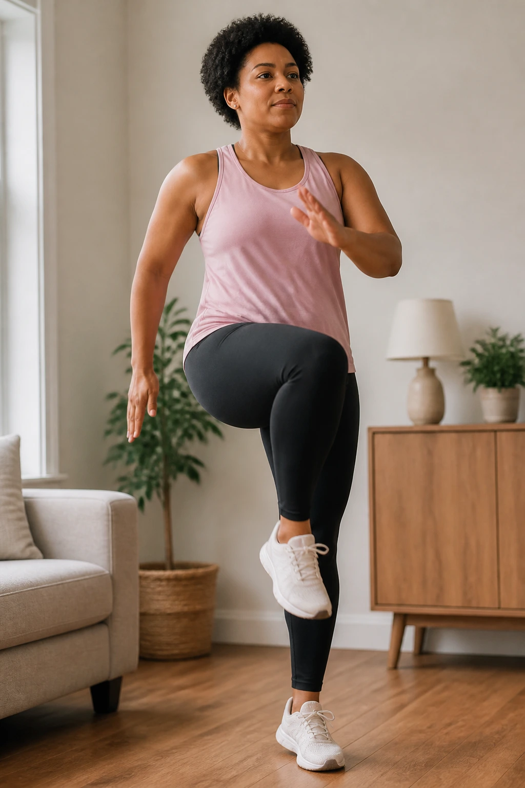 Person marching in place with arm swings in a cozy living room.