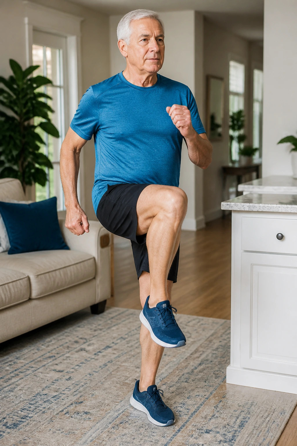 Senior marching in place in living room near counter