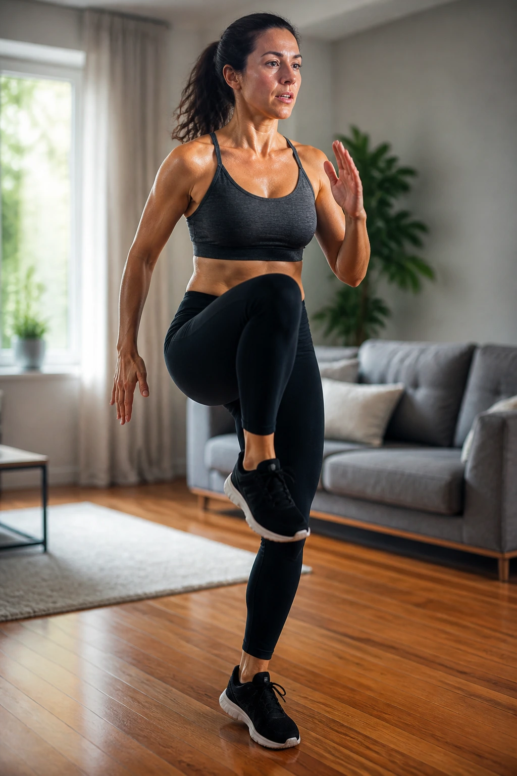 Close-up of a person marching in place in a home living room