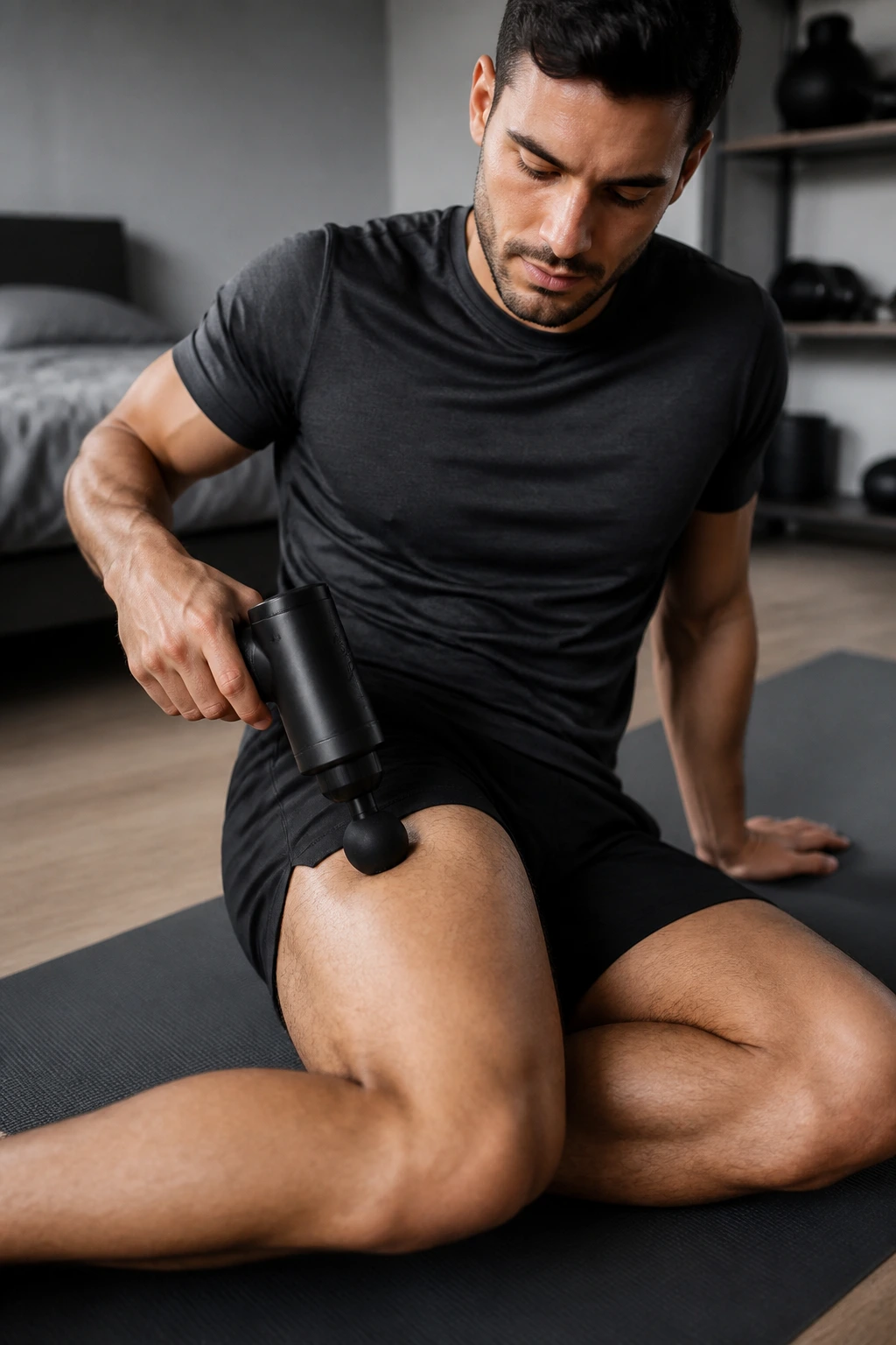 Person using a massage gun on the hamstring to aid recovery
