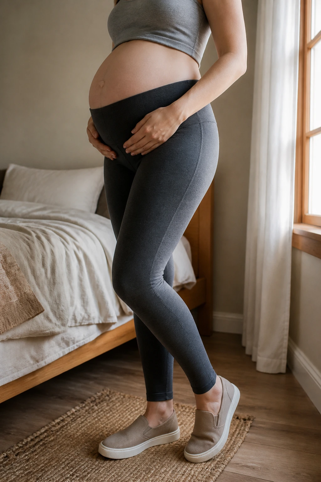 Close-up of pregnant woman in soft maternity wear and slip-on shoes in a cozy bedroom