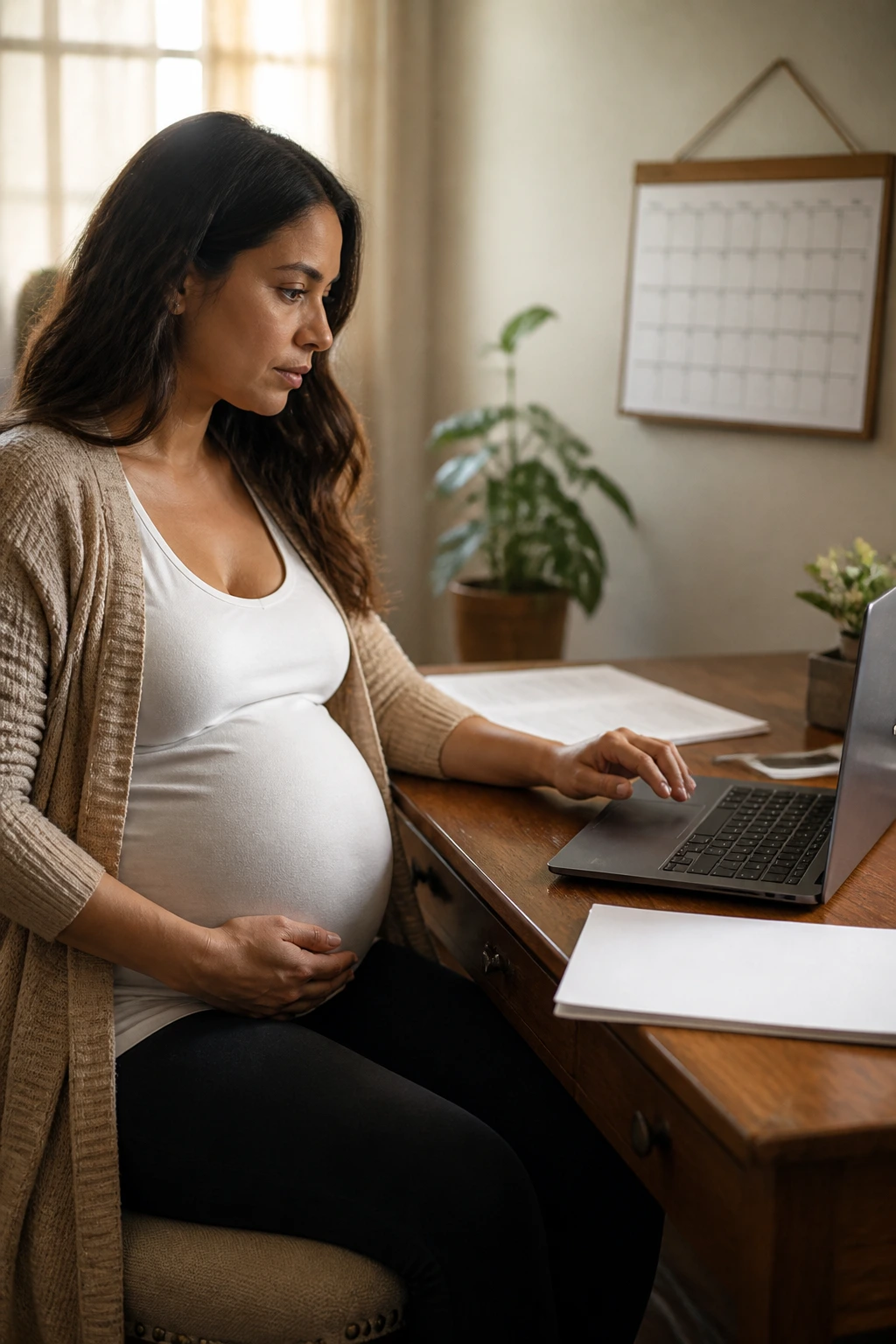 Pregnant person planning maternity leave and household logistics at a home desk