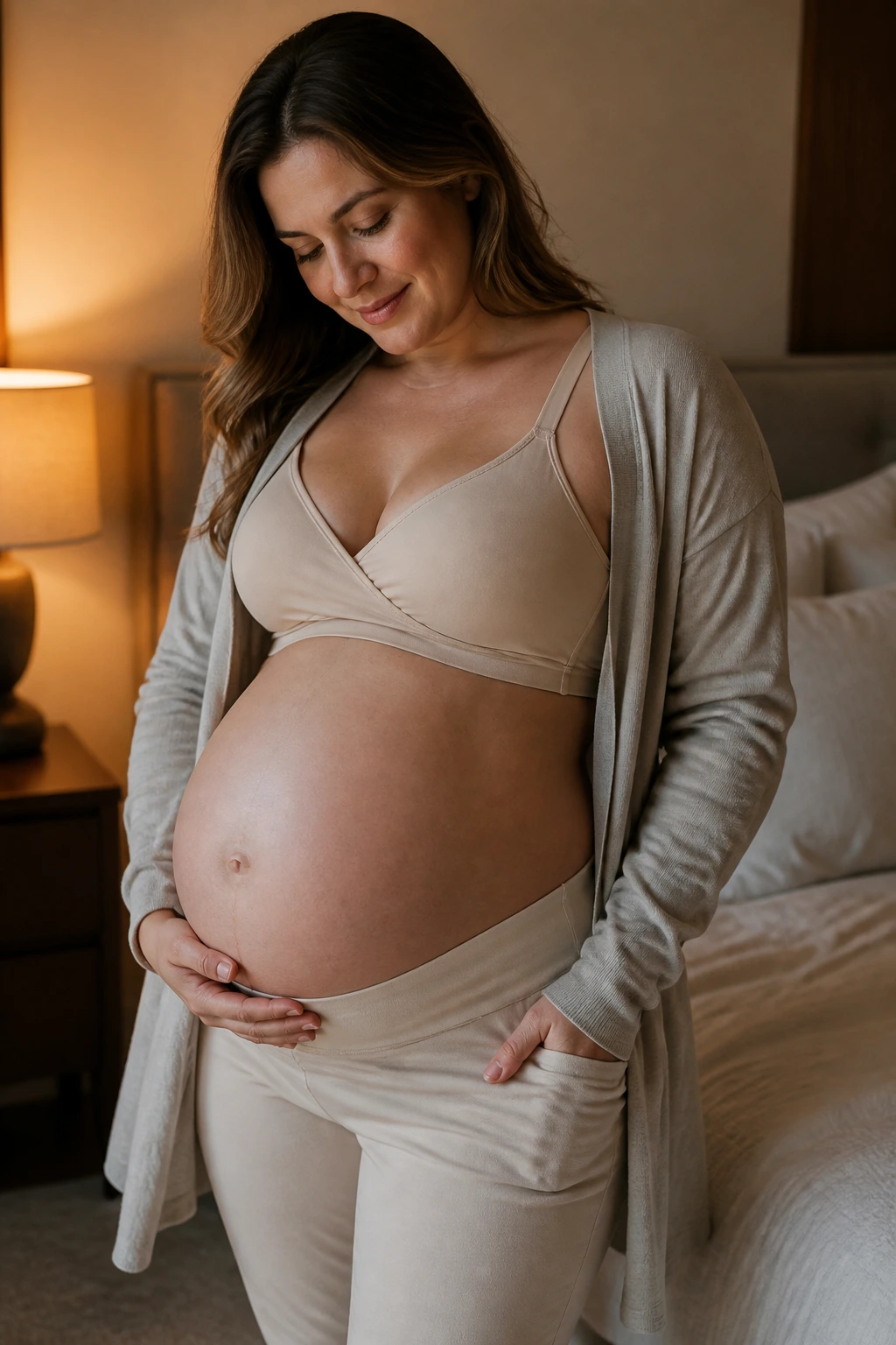 Pregnant woman modeling comfortable clothes in bedroom