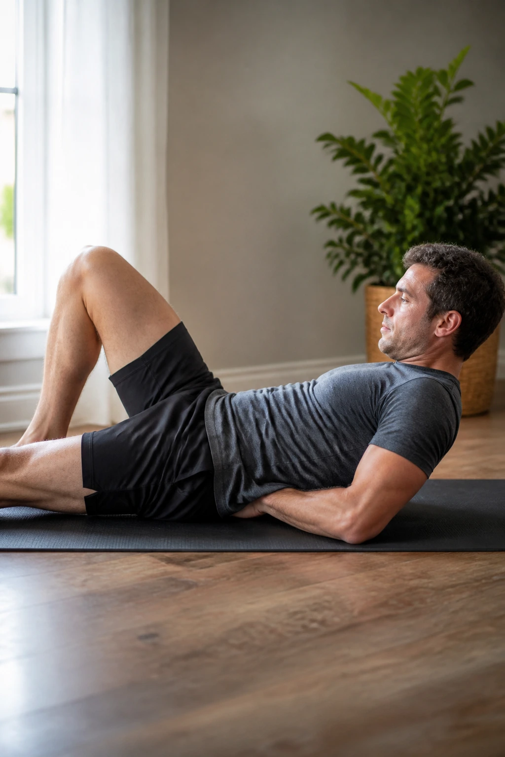 Mid-torso portrait of a person performing a controlled McGill curl-up with tiny lift