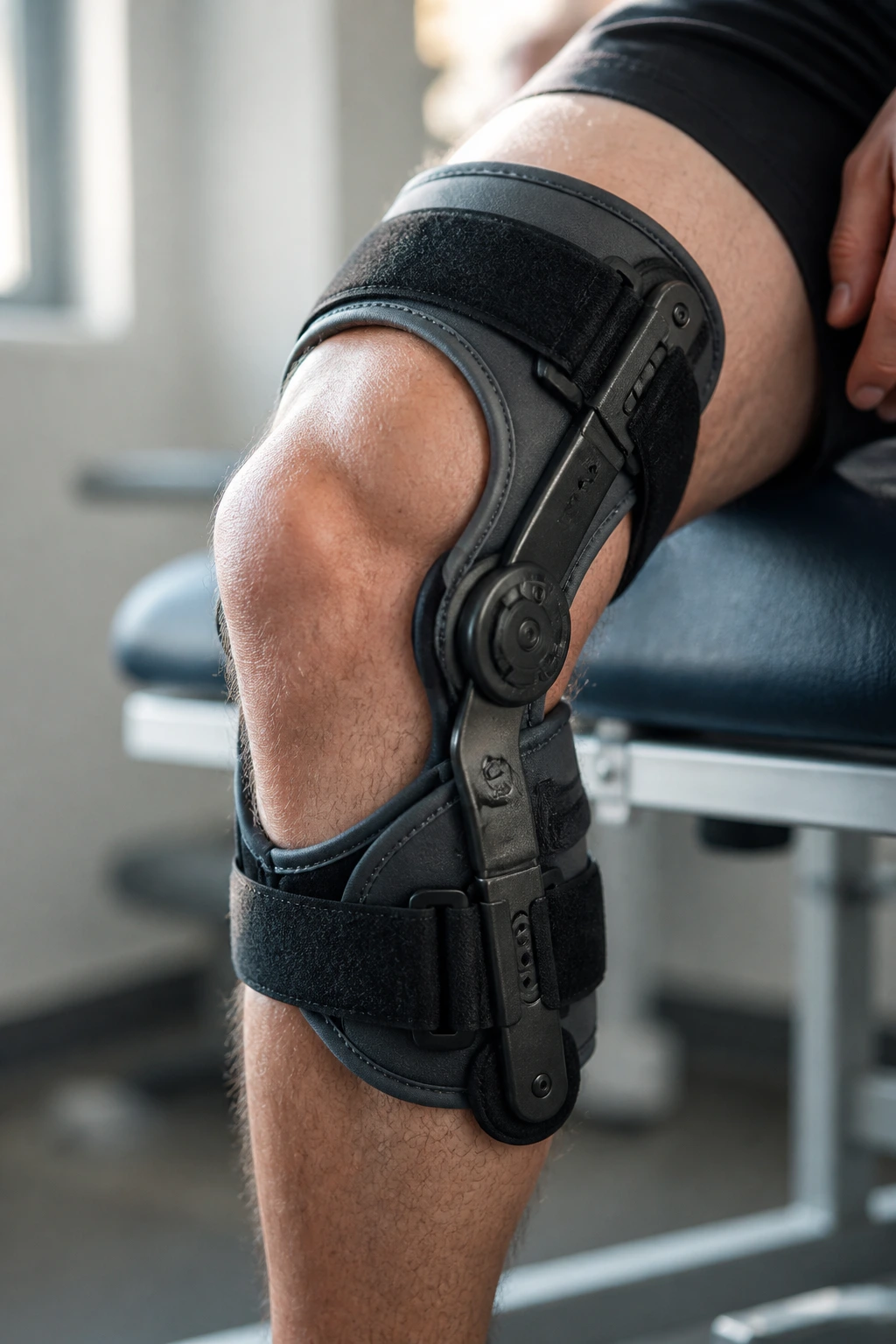 Knee close-up with hinged brace indicating MCL sprain treatment