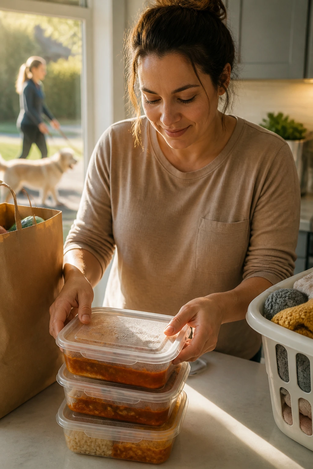Woman planning meals and support in kitchen for first weeks at home