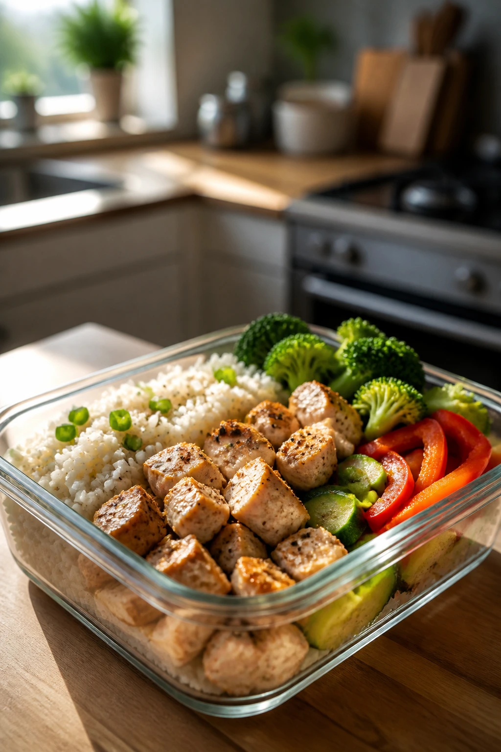 Close-up of a meal-prep bowl with rice, chicken, and vegetables in a kitchen