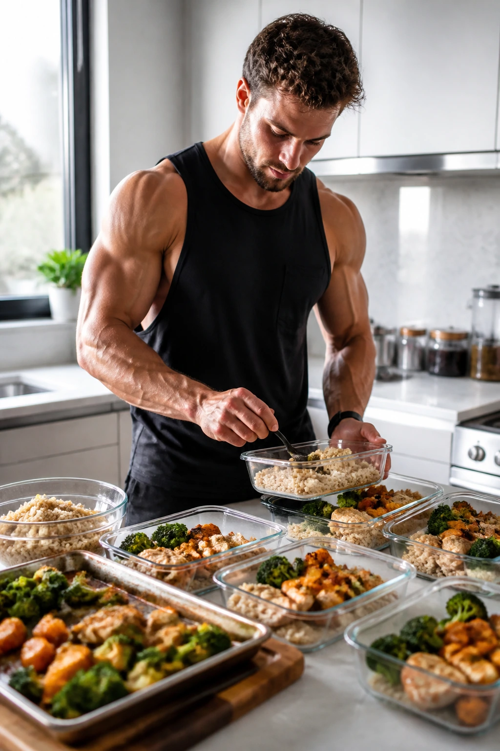 Person meal-prepping with containers in a bright kitchen