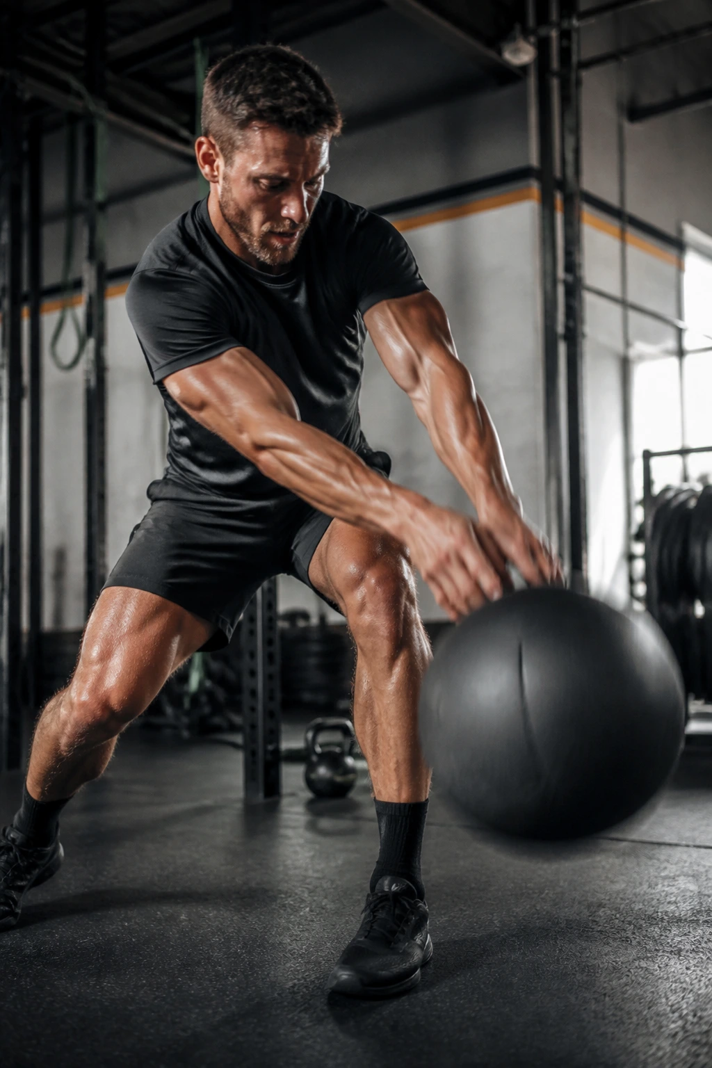 Close-up of a person performing med ball slam in a gym
