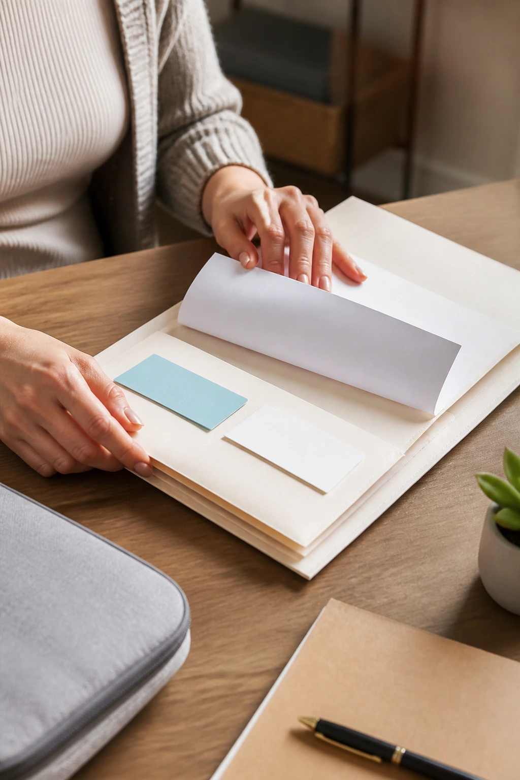 Hands organizing a plain folder with papers on a neat desk, no visible text.