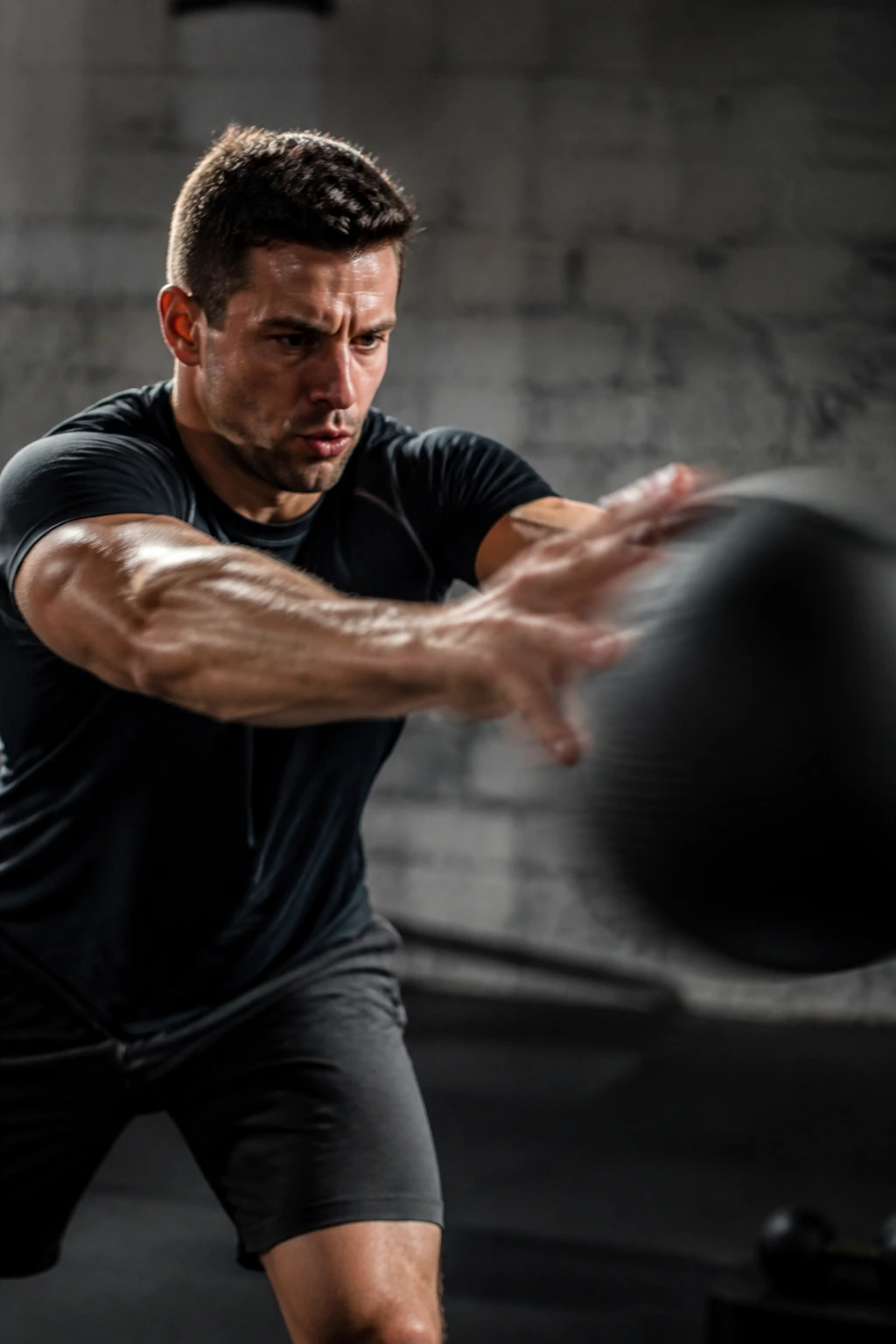 Close-up of athlete performing medicine ball chest pass