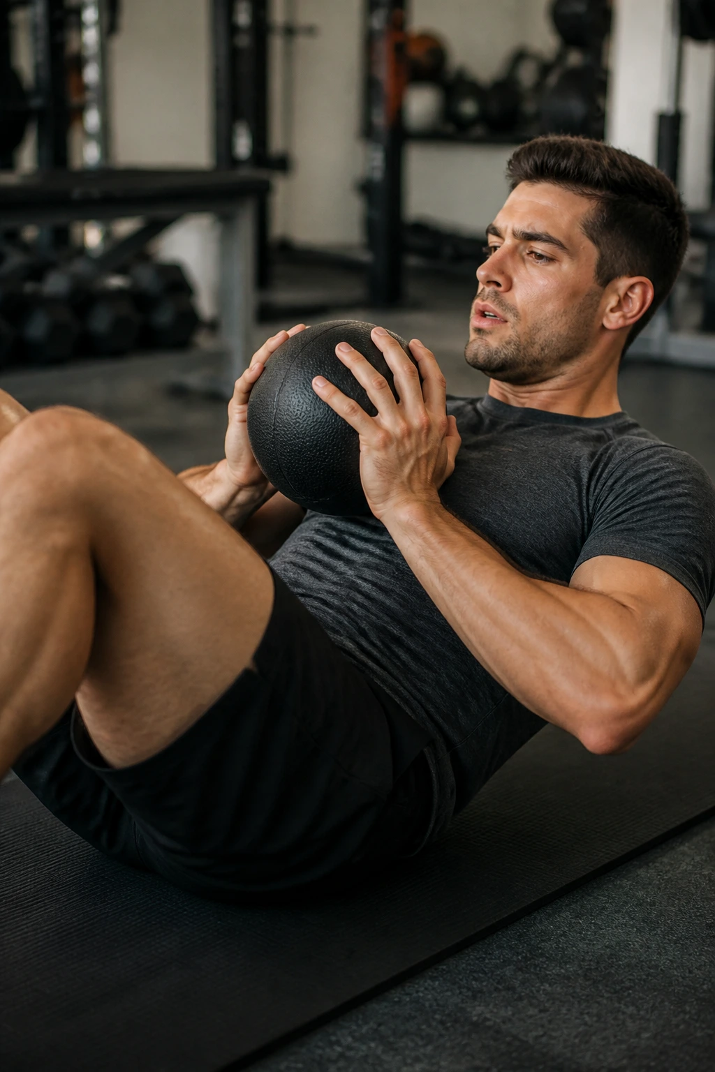 Close-up of medicine ball crunch with ball held at chest on mat