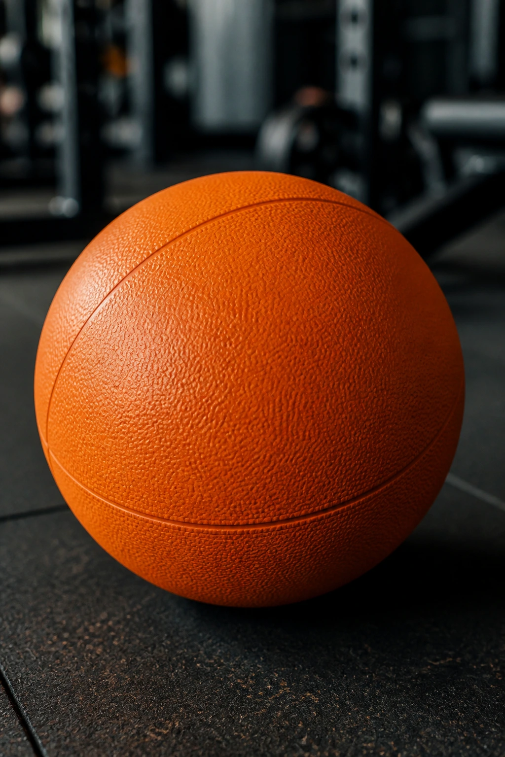 Orange medicine ball on gym floor with soft lighting