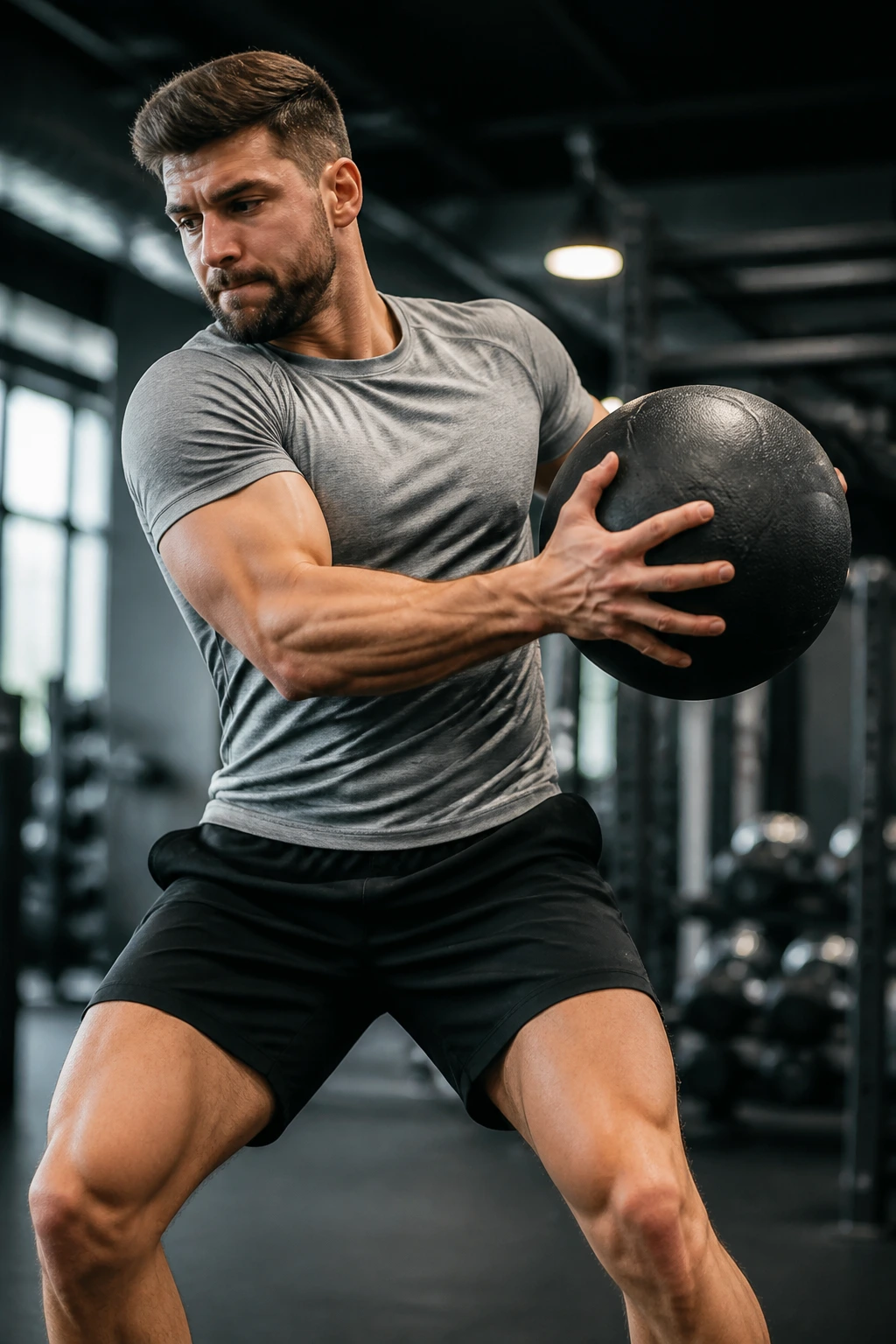 Athlete in gym performing a medicine ball throw with ball held near chest, powering through the movement.