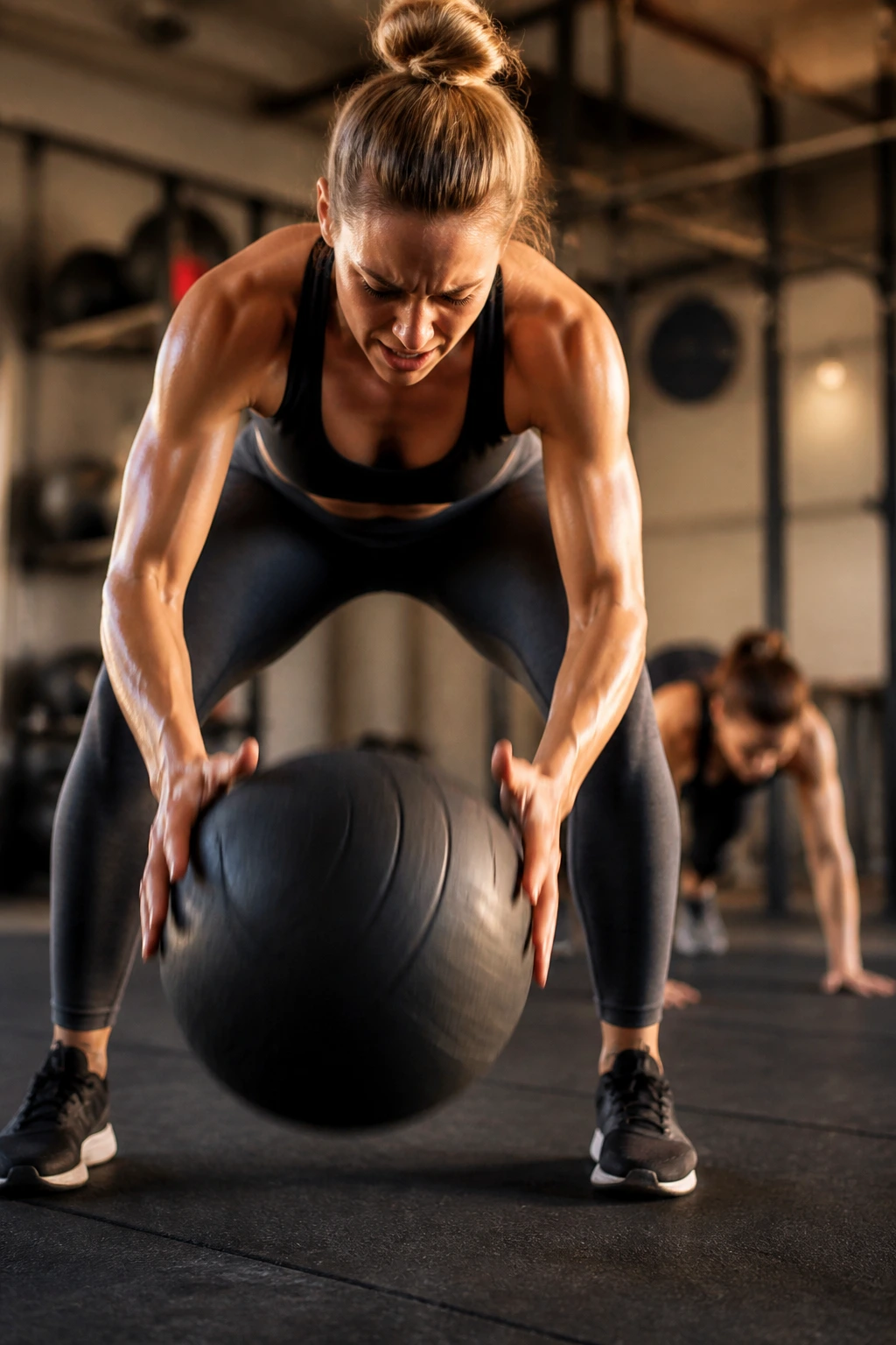 Athlete performing medicine ball slam with walkout to plank in gym.