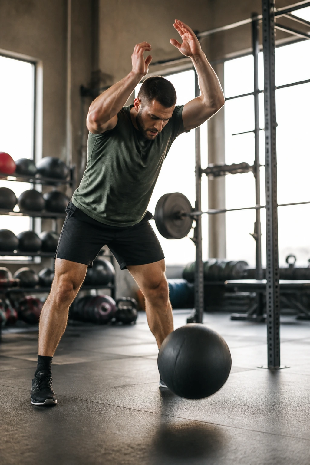 Athlete performing medicine ball slam during power conditioning session