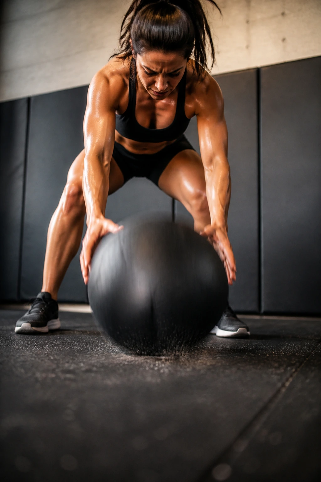 Close-up of a medicine ball slamming into a gym floor