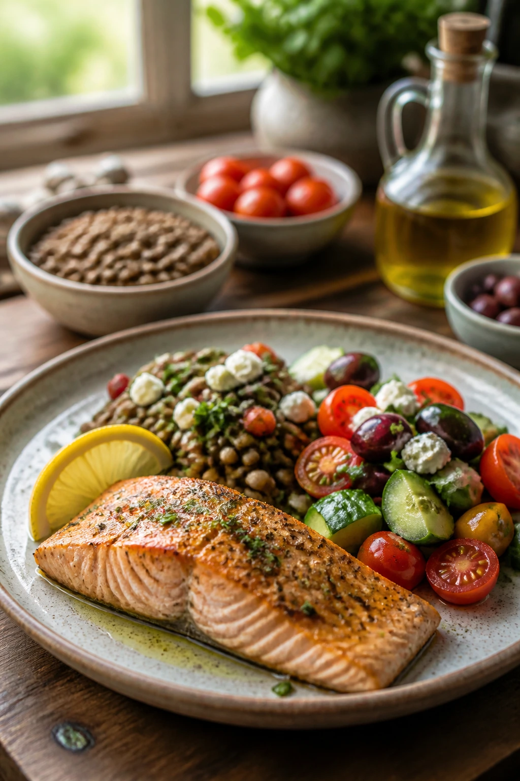Close-up plate of Mediterranean salmon and lentils in a warm kitchen
