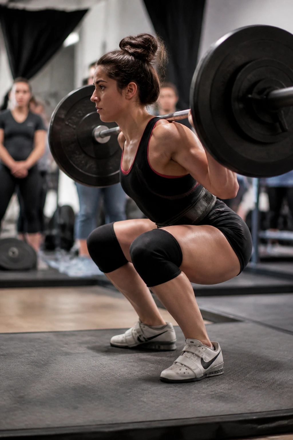 Lifter on competition platform practicing meet-depth squat