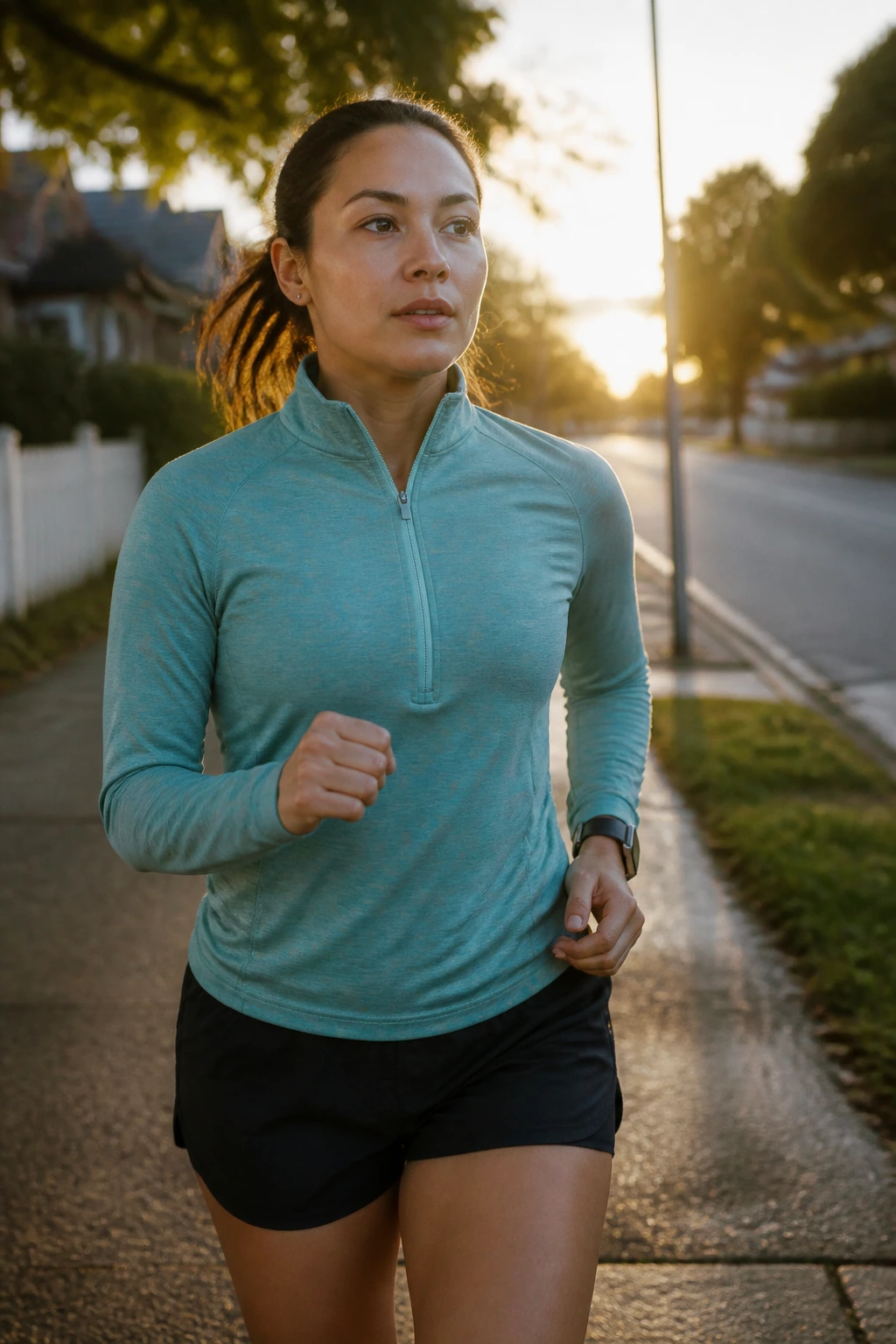 Close-up of a runner preparing for a brief run on a quiet street at dawn