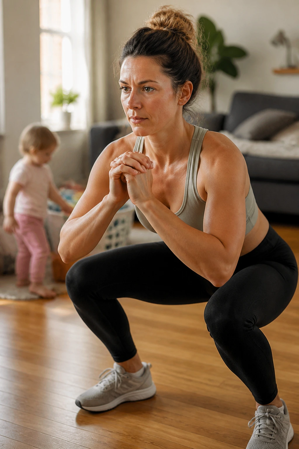 Mom doing quick micro-squat with toddler nearby in a cozy home