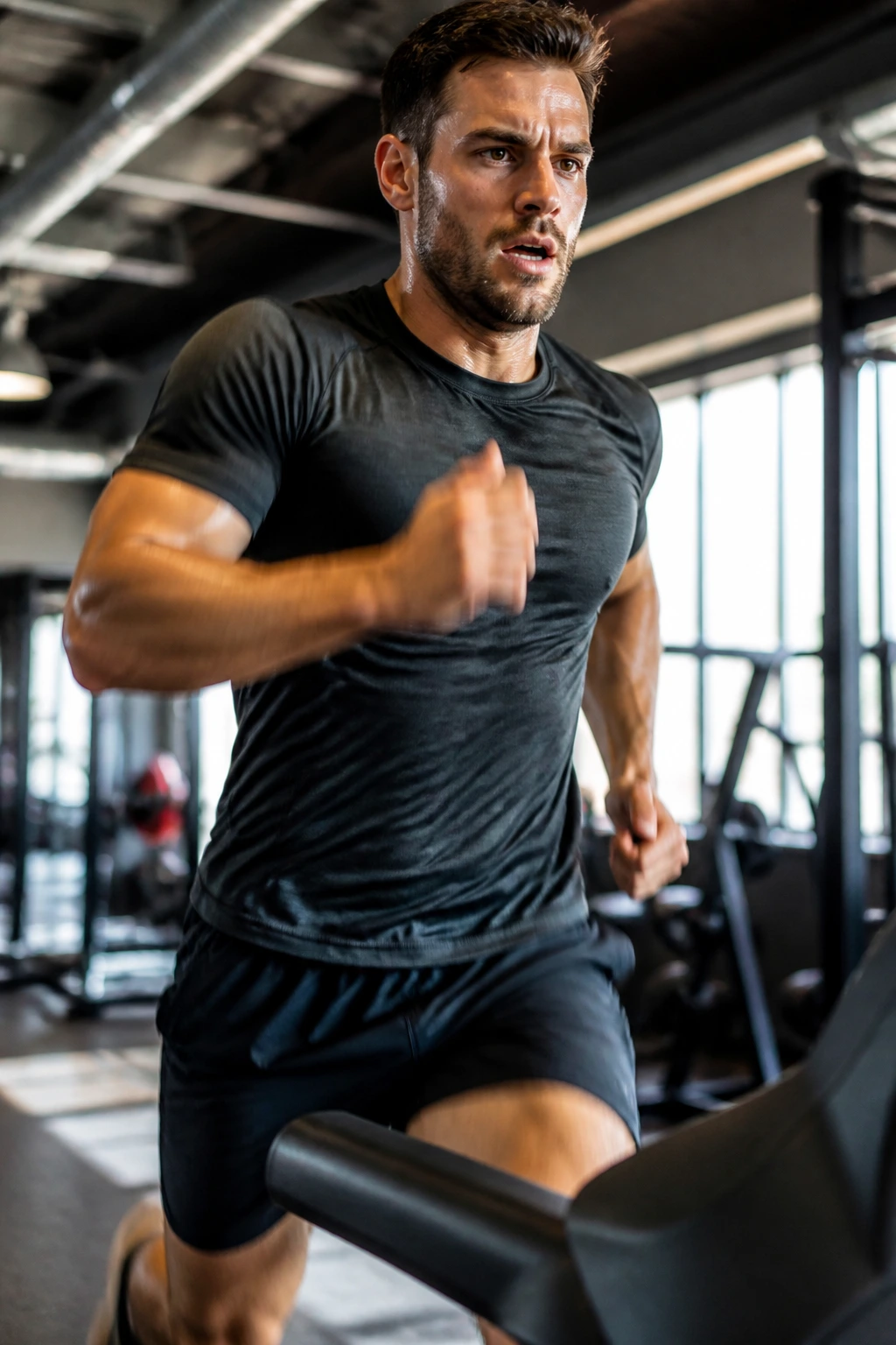 Runner on treadmill during mile-marker interval in gym
