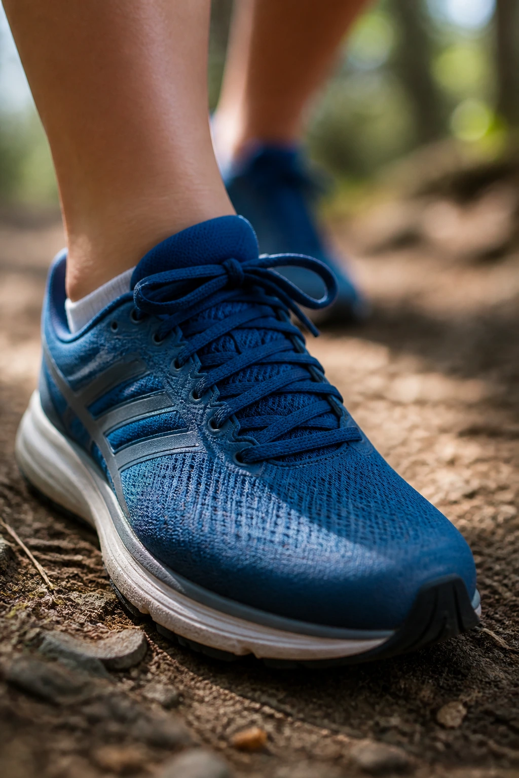 Runner's foot wearing a well-fitting shoe on a trail