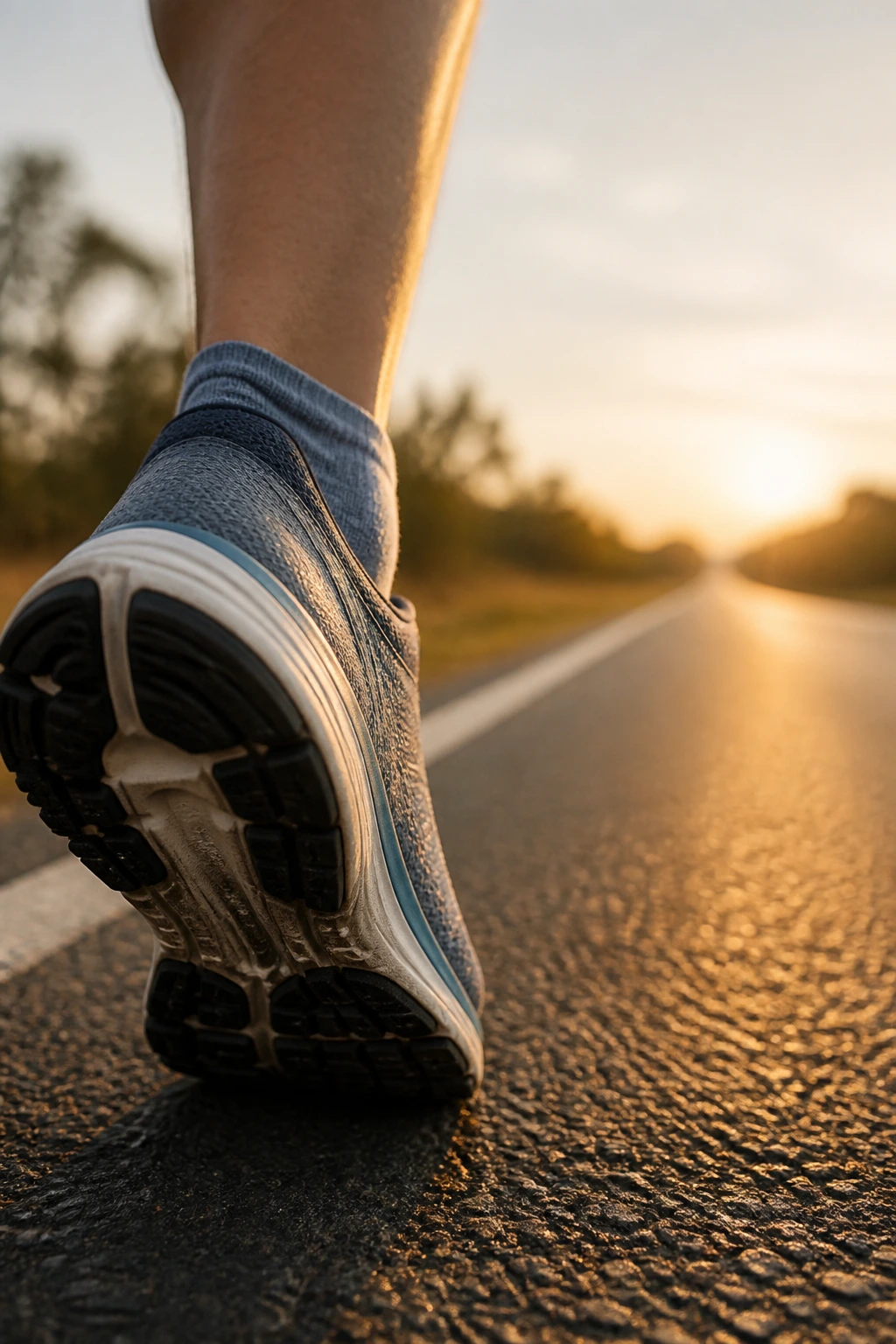 Running shoe planted on asphalt with receding road