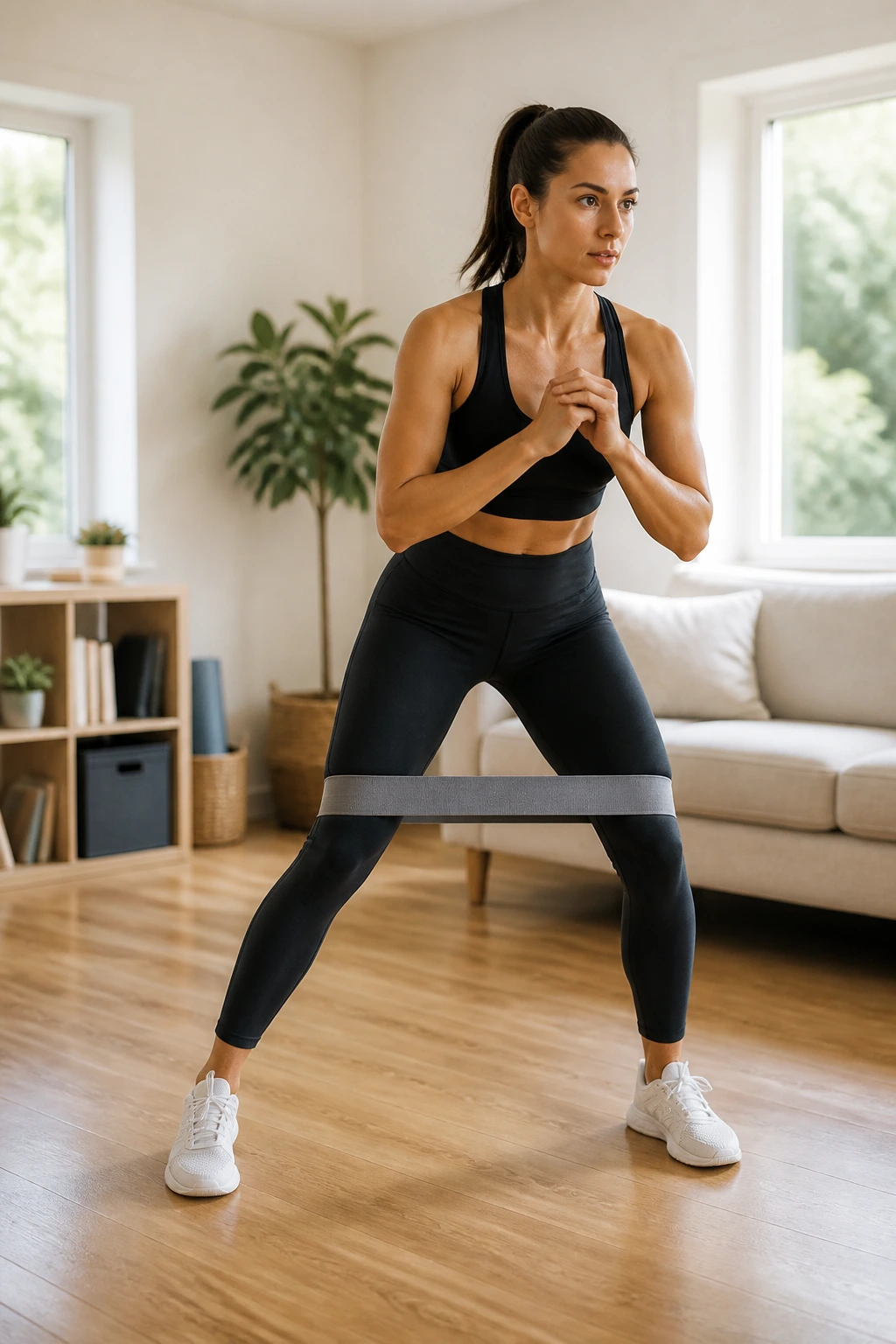 Person performing lateral band walks with a mini-band in a home setting