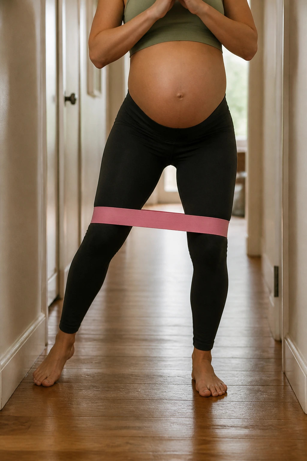 Pregnant woman performing mini-band side steps in a hallway.