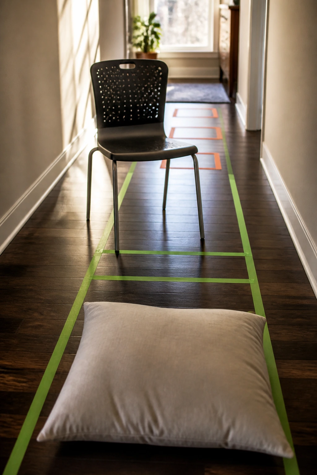 Close-up of a hallway obstacle course with taped lines, a chair, and pillows, teen workout setup