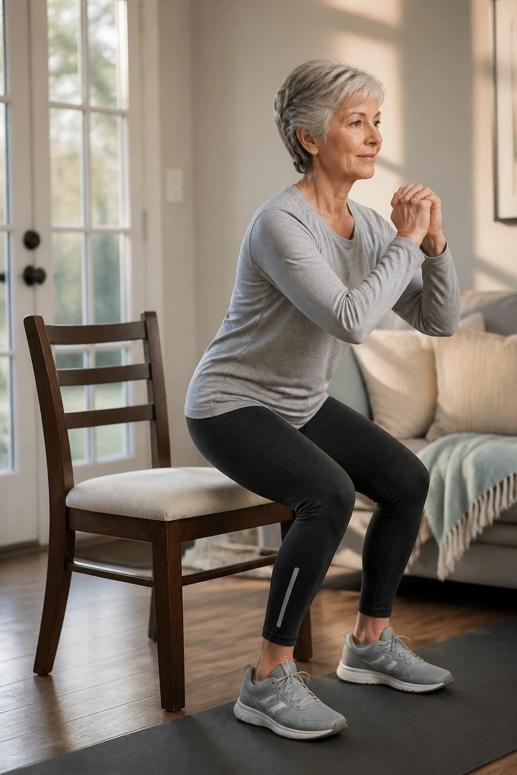 Real person doing mini squats to chair at home with hips back and knees aligned