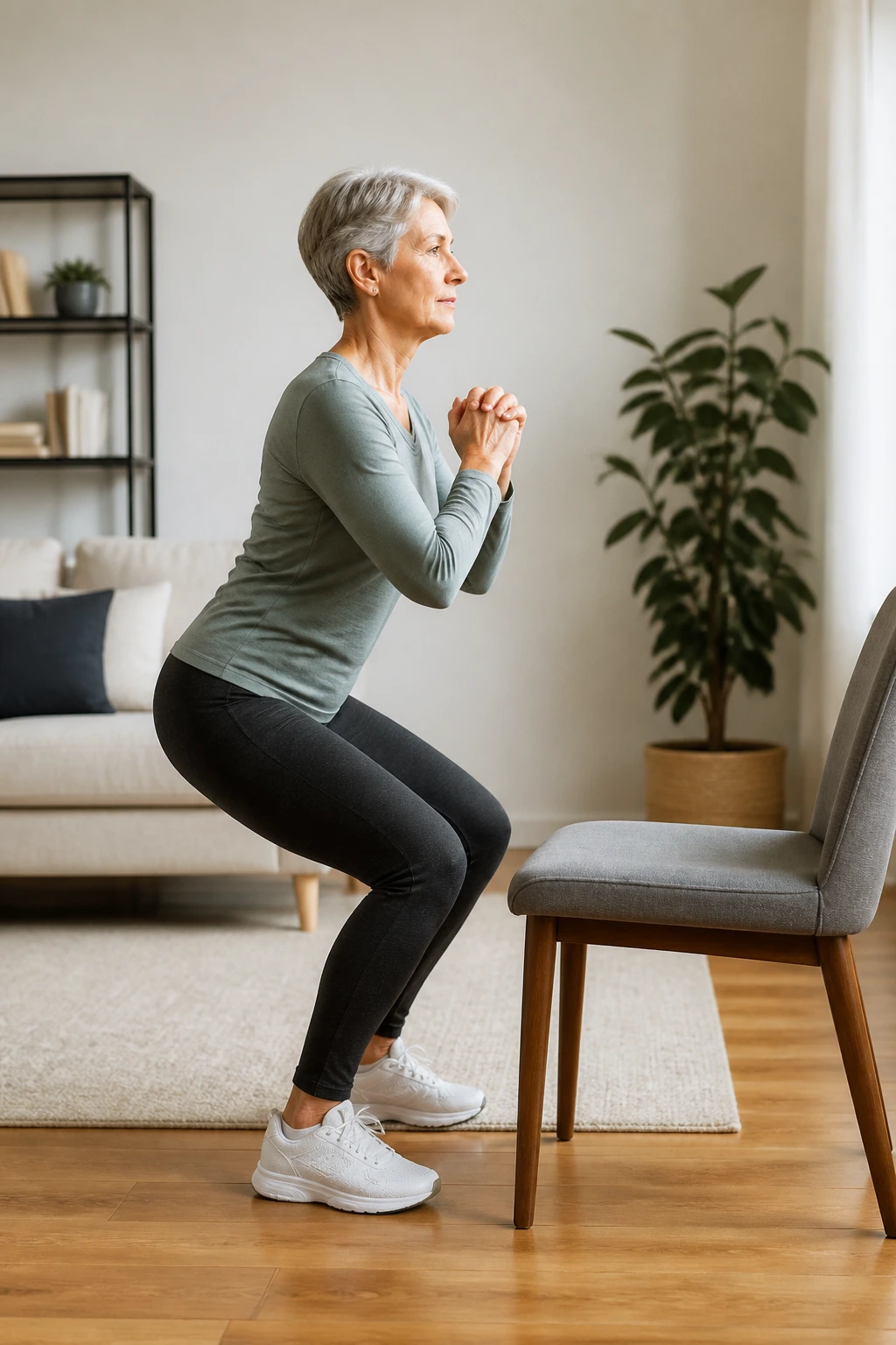 Person performing a shallow squat toward a chair in a living room.