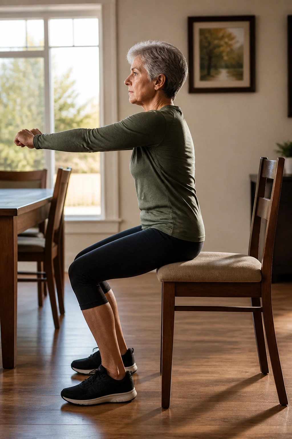 Side view of a person performing mini squats before a chair in a home dining area