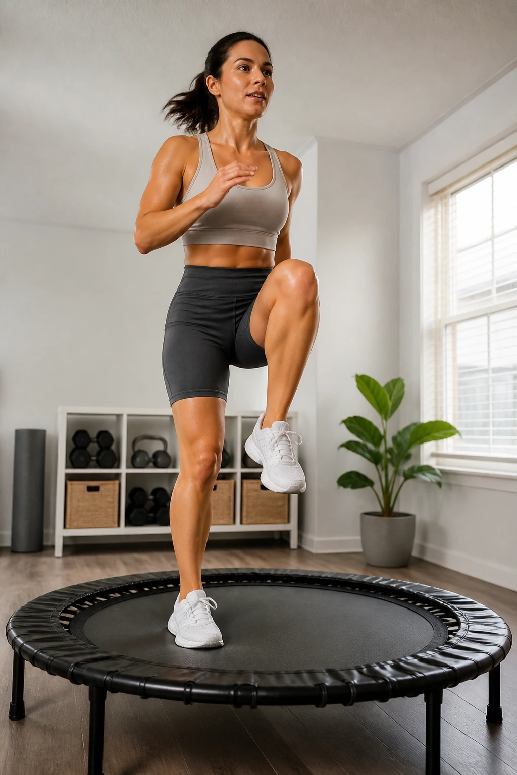 Person bouncing lightly on a mini-trampoline in a home gym.