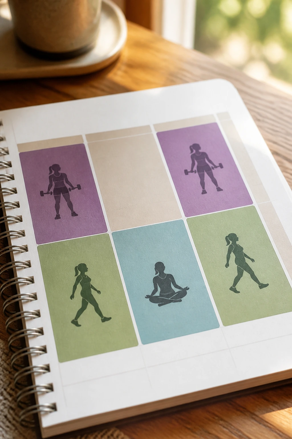 Close-up of color-coded blocks representing a minimal weekly workout plan, no text