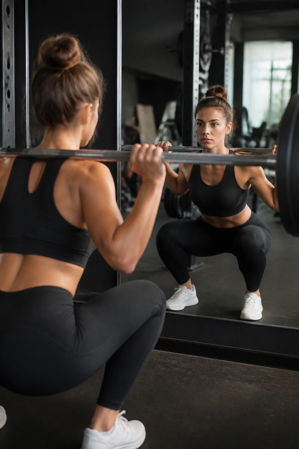 Person using gym mirror to check alignment during lift, focusing on form.