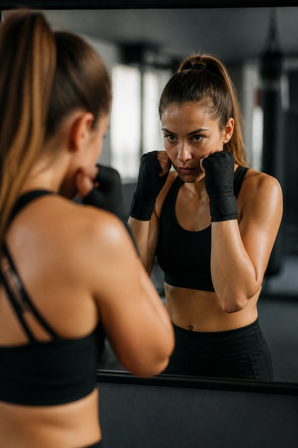 Woman practicing guard in front of gym mirror